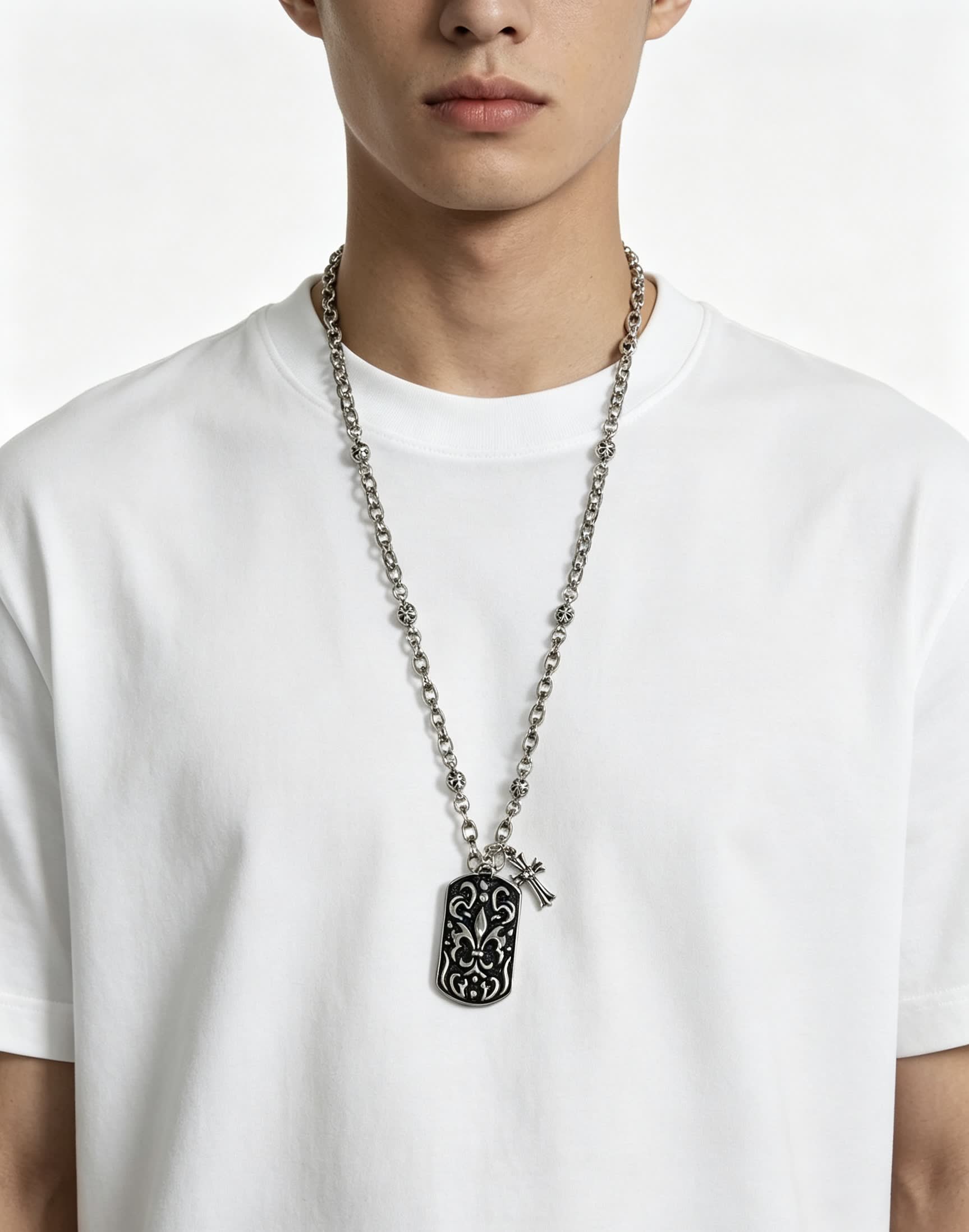 Chrome Hearts Silver Fleur-de-lis Dog Tag Necklace